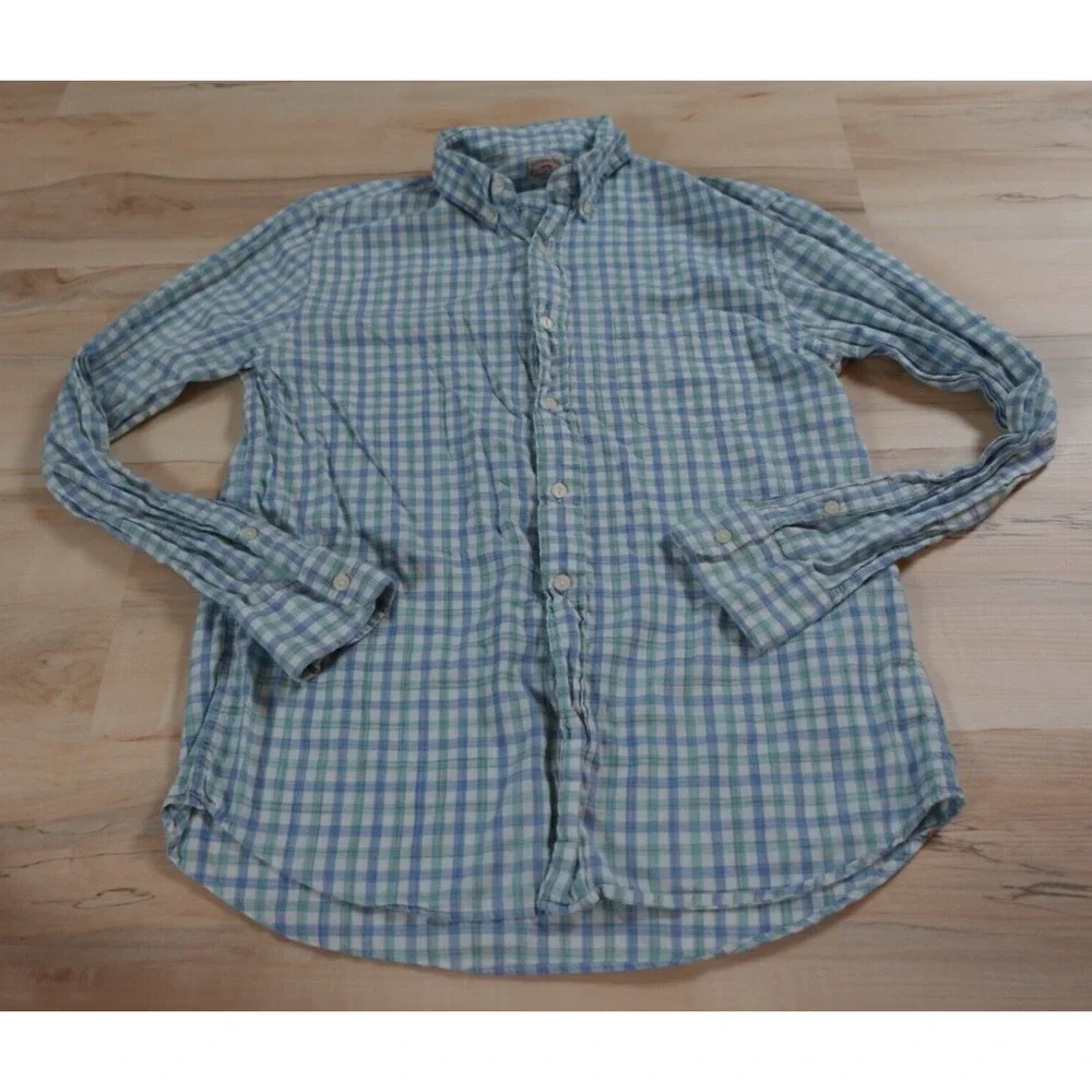 FAHERTY MEN L SHIRT‎ BUTTON DOWN COTTON NEWPORT CHECK BLUE GINGHAM LONG SLEEVE